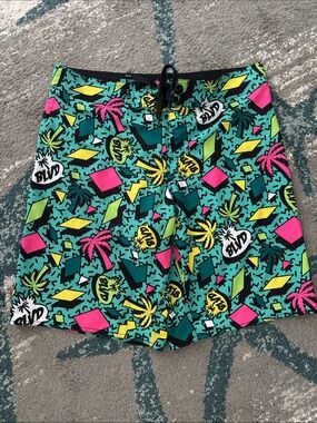 BLVD Teal Tropical Graphic Swim Shorts with Neon Pink & Yellow